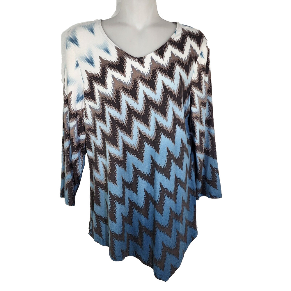 Chicos Tunic Top Women Size 0 Small Serengeti Breeze V Neck Asymmetrical Chevron